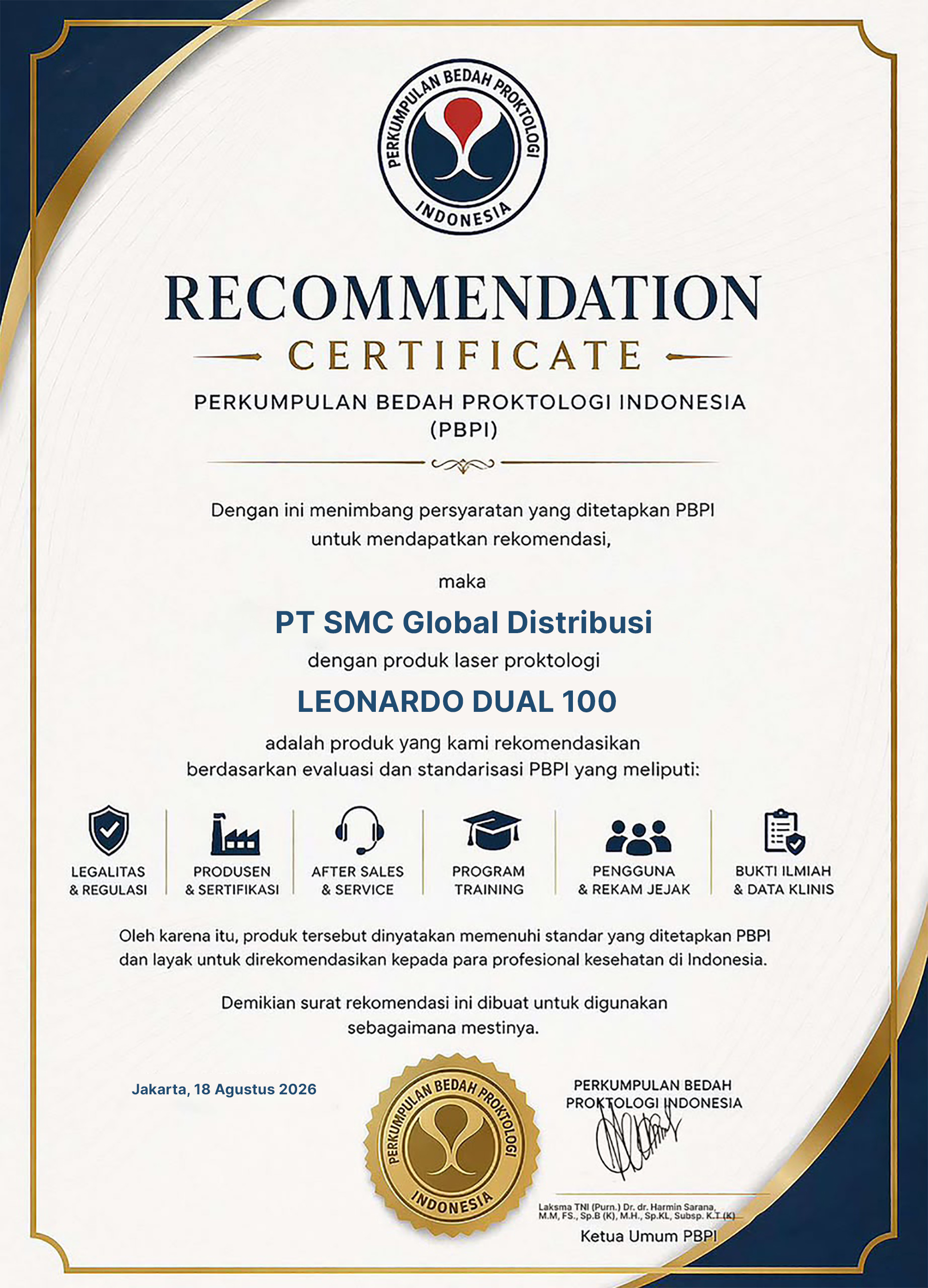 Sertifikat rekomendasi PBPI LEONARDO DUAL 100 atas nama PT SMC Global Distribusi, 18 Agustus 2026