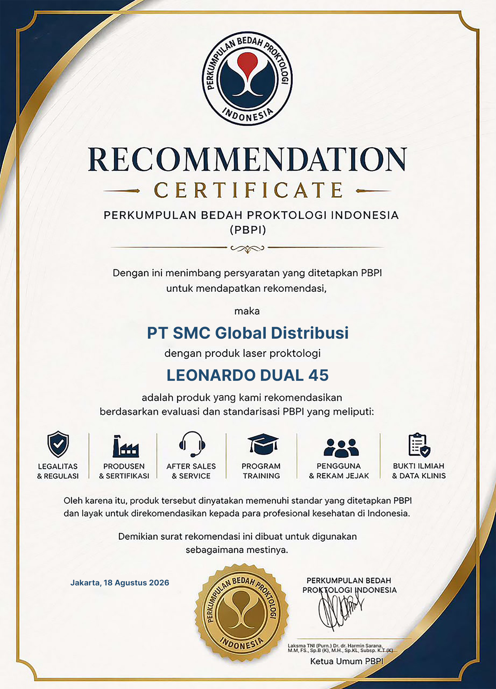 Sertifikat rekomendasi PBPI LEONARDO DUAL 45 atas nama PT SMC Global Distribusi, 18 Agustus 2026