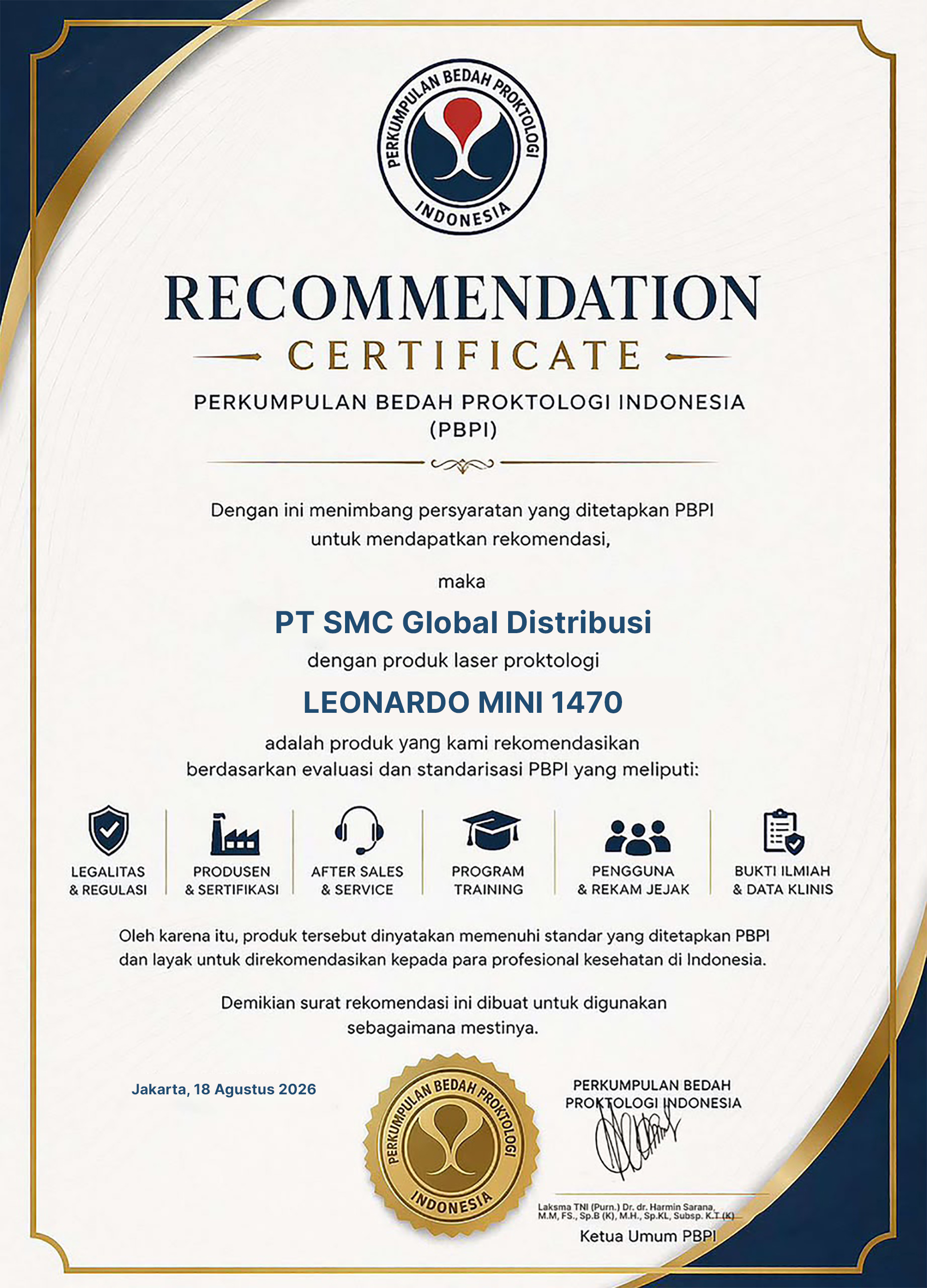 Sertifikat rekomendasi PBPI LEONARDO MINI 1470 atas nama PT SMC Global Distribusi, 18 Agustus 2026